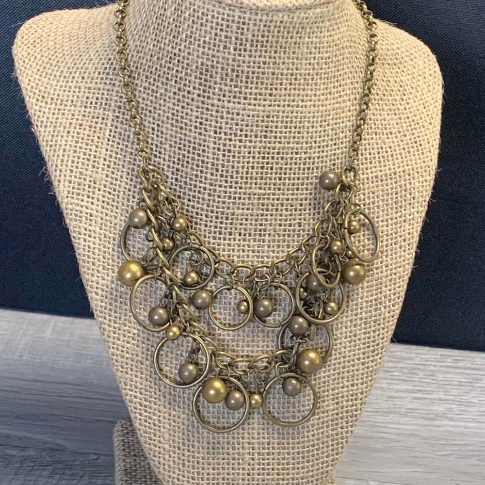 Antique Brass Tone Multi Strand Bib Necklace Hoops and Beads Statement 16 Inch
